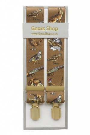 Brown Trouser Braces with Pheasants Dogs and Hunting Designs